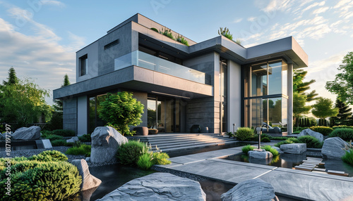 Contemporary luxury house with a pastel gray exterior, nestled among modern garden features under a clear summer sky. Full front view."