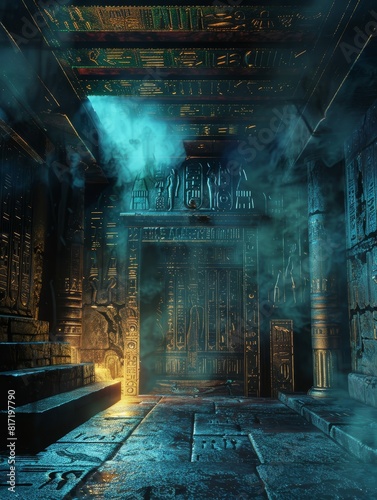 Mysterious Hieroglyphic Tunnel in Gloomy Mystical Ruins Emitting Ethereal Blue Light and Energy