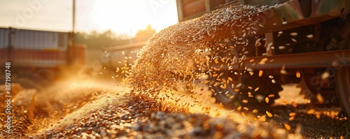 Close-up detail of wheat seeds being released by a combine harvester during harvest.