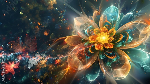 Delicate tendrils of ethereal light dance among fractal blooms in a cosmic garden. The interplay of colors whispers secrets of distant galaxies.