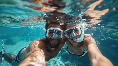 couple underwater snorkeling, summer travel holidays 