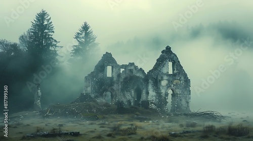 Translucent veils of mist embrace ancient ruins, shrouding them in an aura of mystery and timelessness.