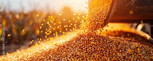 Close-up detail of wheat seeds being released by a combine harvester during harvest.