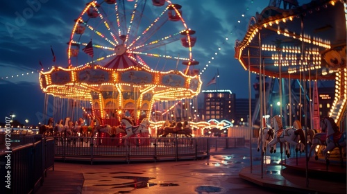 Ferris wheel open seat, ferris wheel carousel horse ride, a carnival full of lights, ferry lights, bright twilight sky, concrete floor, slight warm light, beautiful lighting. Generative AI.