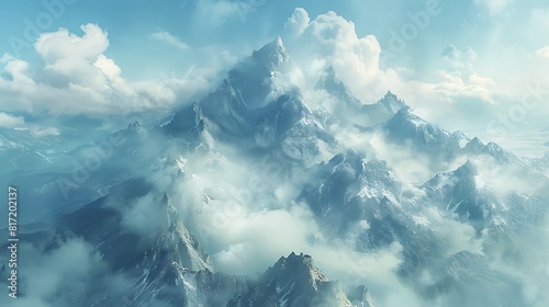 Wisps of cloud caress the jagged peaks of a mountain range, their soft embrace a contrast to the rugged terrain below.