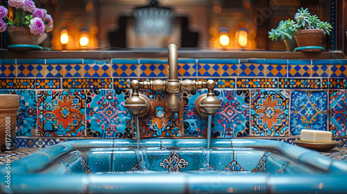 Bathroom interior with blue ceramic tiles and decorative faucet