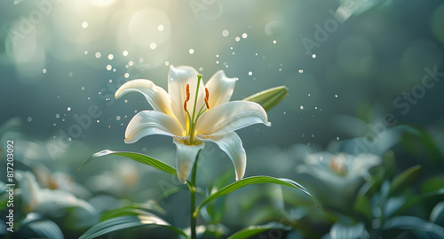A single white lily, elegantly trembling in an enchanted garden, ethereal glow illuminating the petals. Generative AI.
