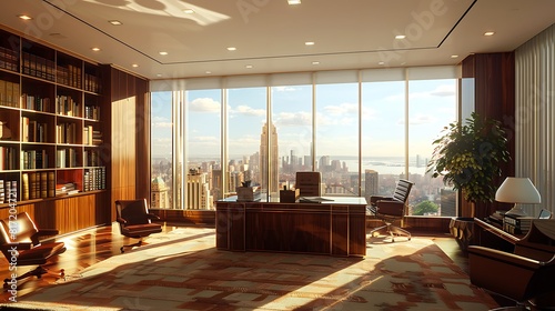 A corner office with floor-to-ceiling windows, a mahogany desk, and a suited executive.