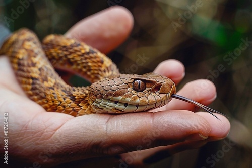 Close up of a snake on the hand of a man in nature 