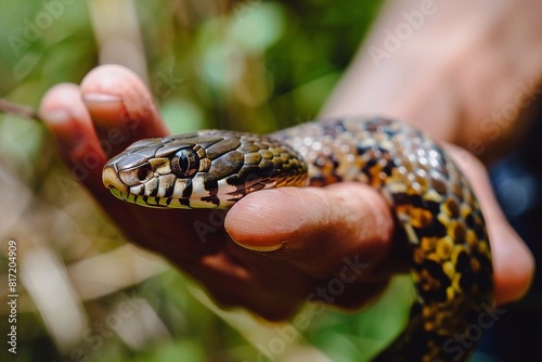 Grass snake in the hands of a man close-up. Snake in the hand
