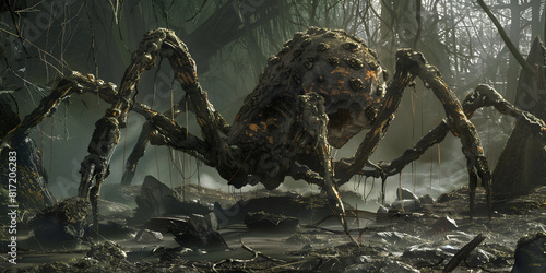 A large spider is in a dark forest with a large head and a big eye.
