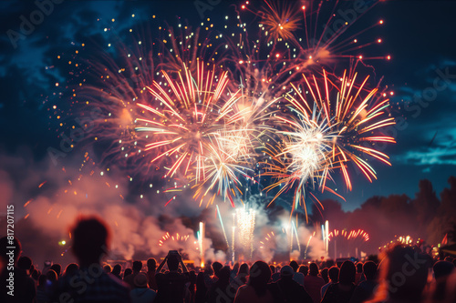 Large crowd watching an impressive firework display at a summer fair, with a blurred background.. AI generated.