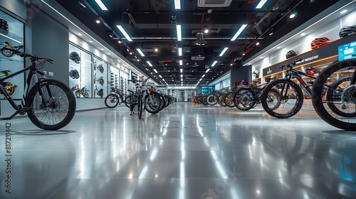 Bicycle sales showroom, at the center of the showroom lies a spacious and bright display area, showcasing an array of bicycle types, from mountain bikes to road bikes. Generative AI.