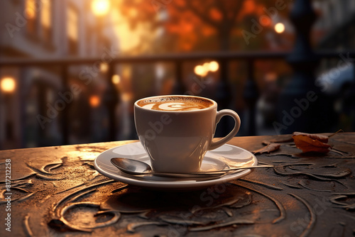 Cup of cappuccino on an outdoor café table at sunset with blurred autumn background and warm lighting