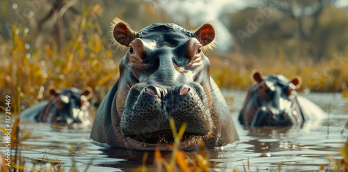 Baby hippos in the wild in Africa. Generative AI.