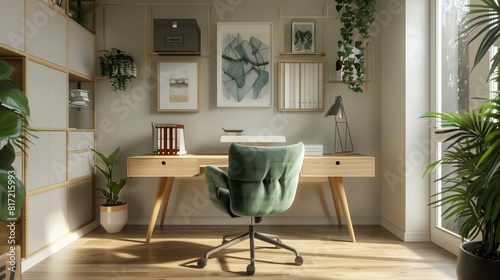 Bureau à domicile avec bureau en bois clair, chaise en tissu vert et étagères murales minimalistes