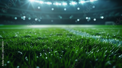 Green grass macro in sports arena with lights background. Close up of soccer field lines. Background soccer lawn grass football stadium ground view.