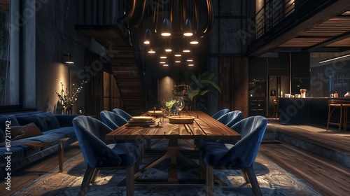 Salle à manger avec table en bois sombre, chaises en velours bleu et suspension design