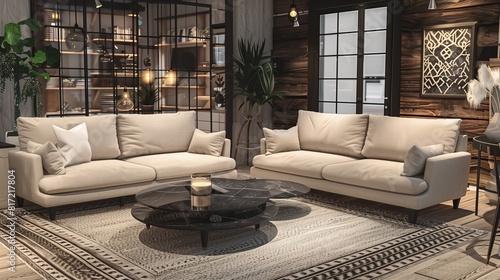 Salon cosy avec canapé en lin beige, table basse en marbre noir et tapis en laine blanche