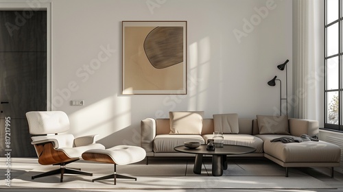 Salon minimaliste avec canapé beige, table basse en métal noir et œuvres d'art abstrait