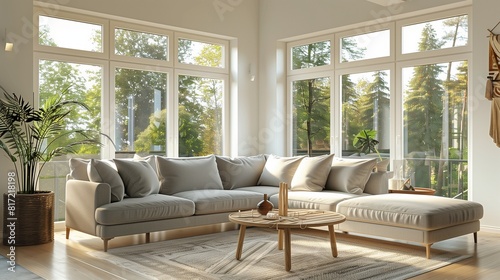 Salon scandinave avec canapé gris clair, table basse en bois foncé, tapis beige et grandes fenêtres lumineuses