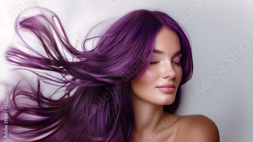 A beautiful caucasian woman showcasing long, smooth, and shiny purple hair, advertising for hair dye products, hair care, white solid color background, copy space.