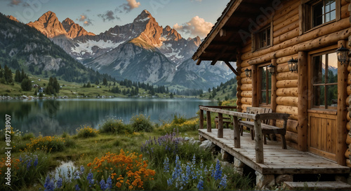 Wooden house on the very beautiful mountain lake in the green mountains