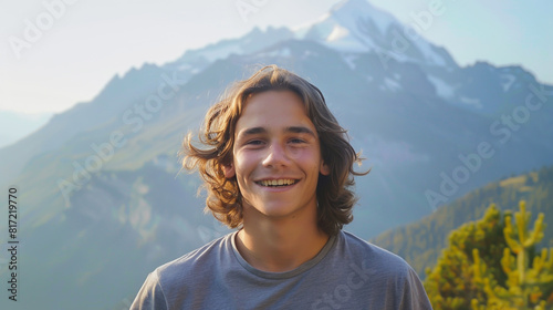 A smiling young man, long-haired in a grey tee, stands against the stunning backdrop