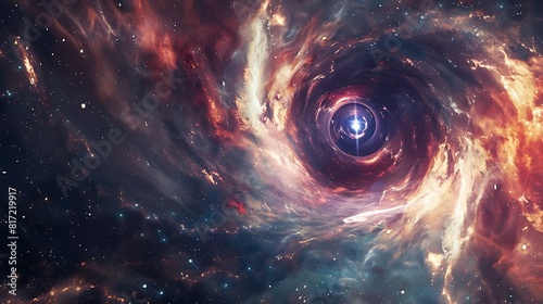 A swirling vortex of spacetime around a massive black hole, bending light.