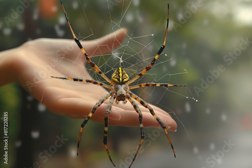 A large yellow and black spider sits in the center of its web, which is held by a person's hand. The spider has eight legs and is covered in black and yellow stripes. The background is a blurry tree.