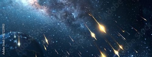 A cosmic, starry night background with shooting stars and galaxies.