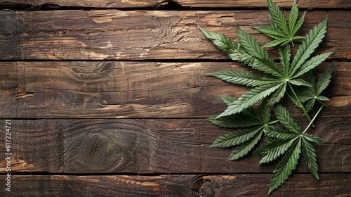 Close up high quality photo of cannabis leaves and cigarettes on wood with copy space