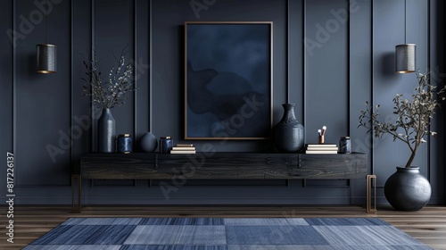 Contemporary dark interior, black wooden dresser, indigo decorative books, square poster. Generative AI.