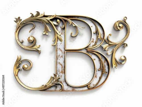 old english B lettering in gold fine relief on white background