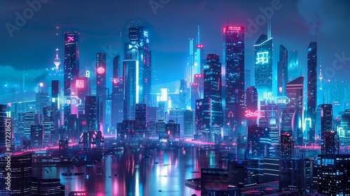 Futuristic skyline at night, aglow with neon and sleek designs, showcasing tech progress.