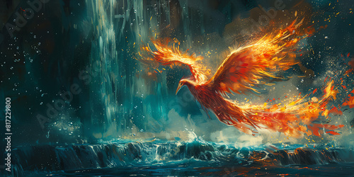 Paint a mythical phoenix soaring above a cascading waterfall in a hidden oasis