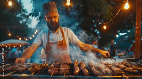 man frying meat on barbecue grill outdoors