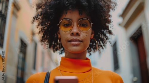 Uma linda jovem negra de óculos e cabelo black power, usando um celular na rua. 