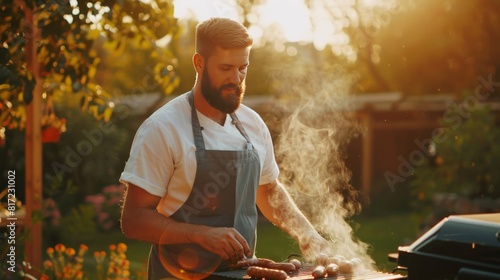 man frying meat on barbecue grill outdoors