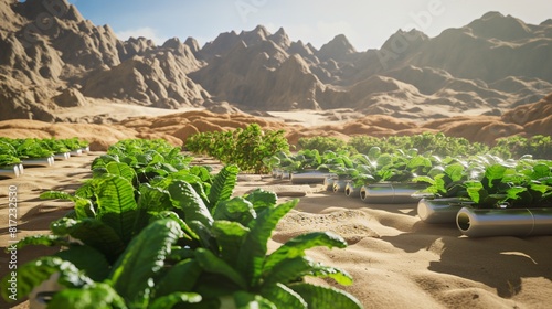 A desert oasis sustained by AI-managed hydroponic farms, where lush vegetation thrives amidst the arid landscape. 32k, full ultra HD, high resolution