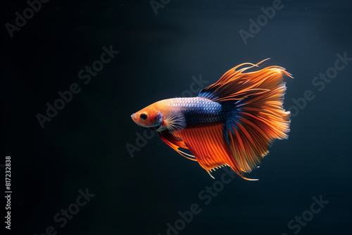 A fish with orange fins is swimming in a black background
