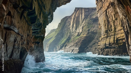 A dramatic coastal cliff face battered by waves, with a hidden cove nestled at its base, accessible only through a narrow sea cave. 32k, full ultra HD, high resolution