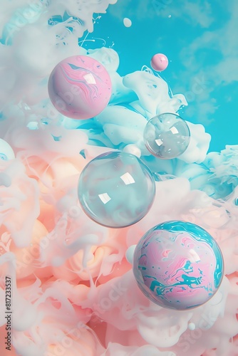 Create an image of multiple pastel colored spheres floating in a blue and pink gaseous background