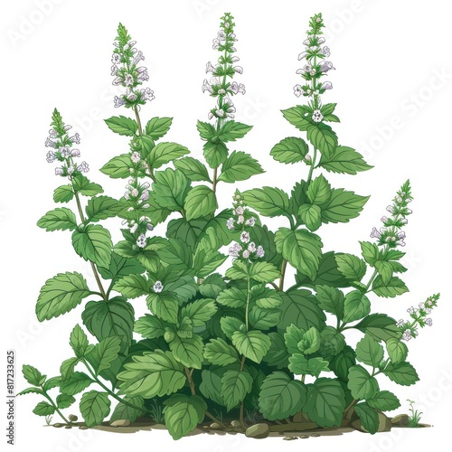 Detailed Illustrated of a Mature Catnip Plant with Lush Green Leaves and Blooming Flowers in a Natural Setting
