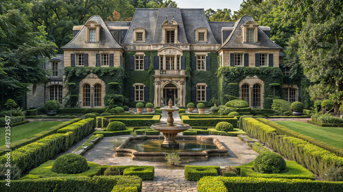 A French country estate with manicured hedges, a formal parterre garden, and a charming stone courtyard with a central fountain
