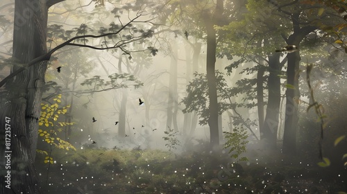 A misty morning in a tranquil forest with dewy leaves and birds chirping