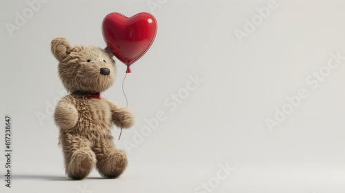 A 3D rendering created with Blender freeware showcases a Teddy bear clutching a heart shaped balloon set against a crisp white background
