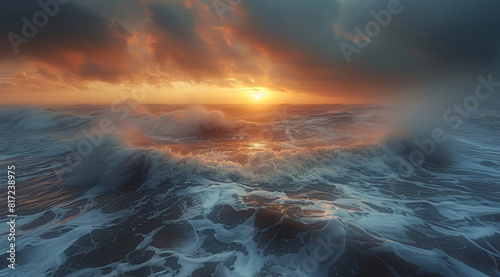 A beautiful view of shore in winter during a storm with the sun right in the middle from afar at sunset, huge waves, soothing light. Generative AI.