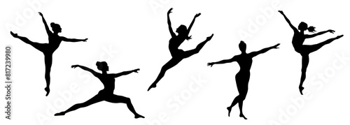 Black silhouette of a female gymnasts doing a split in mid-air isolated on white background. Ballerinas or women rhythmic gymnastic dancer at a sport competition, championship. Clip art design element