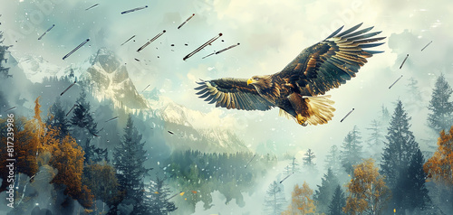 Integrate the grace of a soaring eagles flight with musical staffs in the sky, unveiling the beauty of nature in a harmonious watercolor painting meets wildlife photography